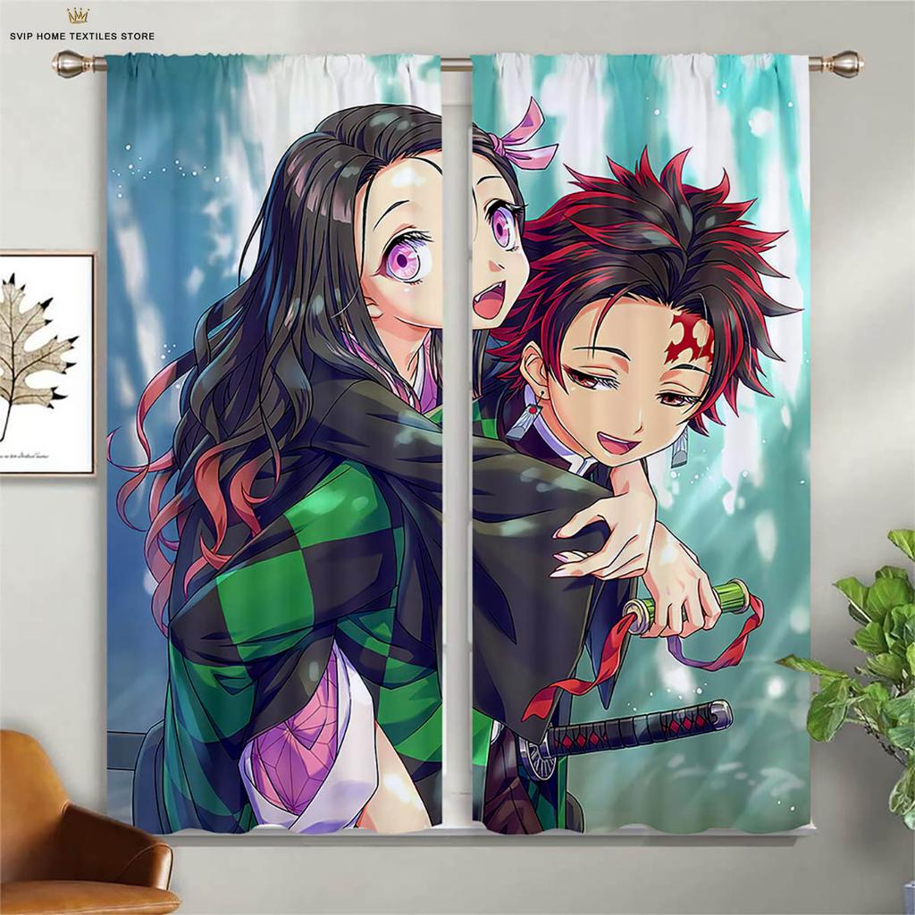 Japanese Comic Printed Curtains, Hot-Blooded Animation, Living Room, Study, Children's Room, Decorative, Easy to Wash, 2Pcs