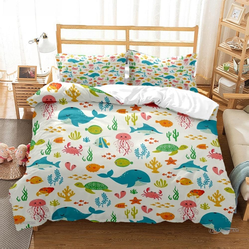 Cartoon Ocean Whale Dolphin Duvet Cover Kids Cute Kawaii Bedding Sets Soft Quilt Cover and Pillowcases Single_Double_Queen_King