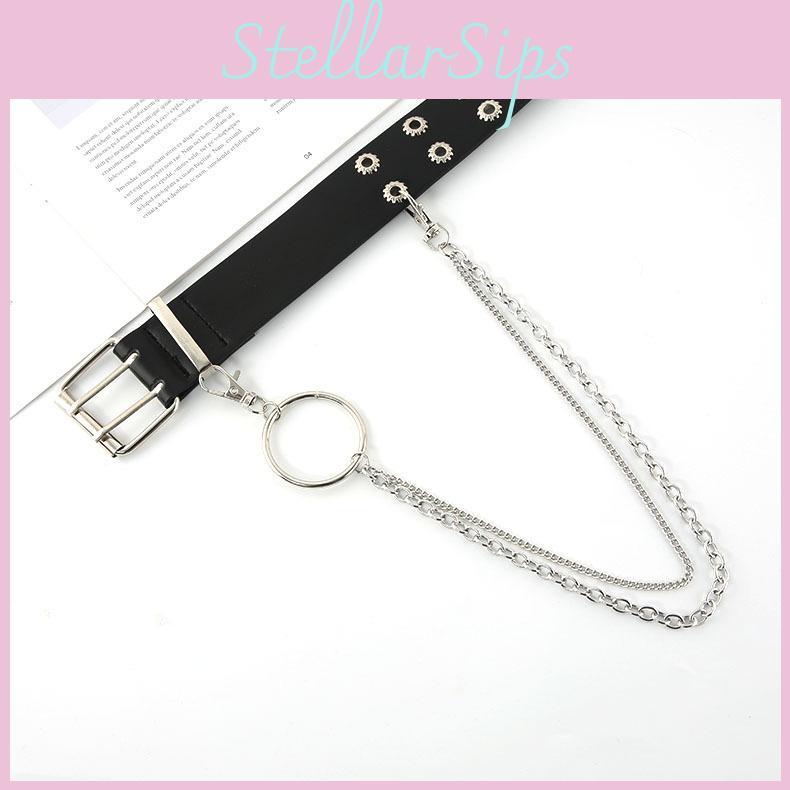 Gear Double Breasted Buckle With Chain Belt Black Adjustable Freely Fits Well