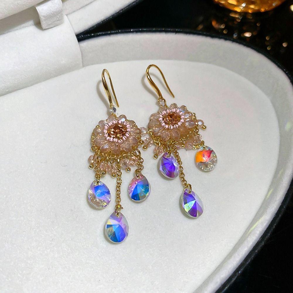 Flower Crystal Stud Earrings Pendant Vintage Long Earrings Rhinestone Drop Earrings  Girls Gift