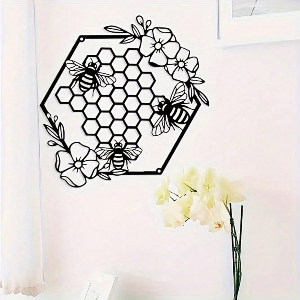 Wrought Iron Black Hexagon Animal Wall Art with Flower Sculpture Home Decor