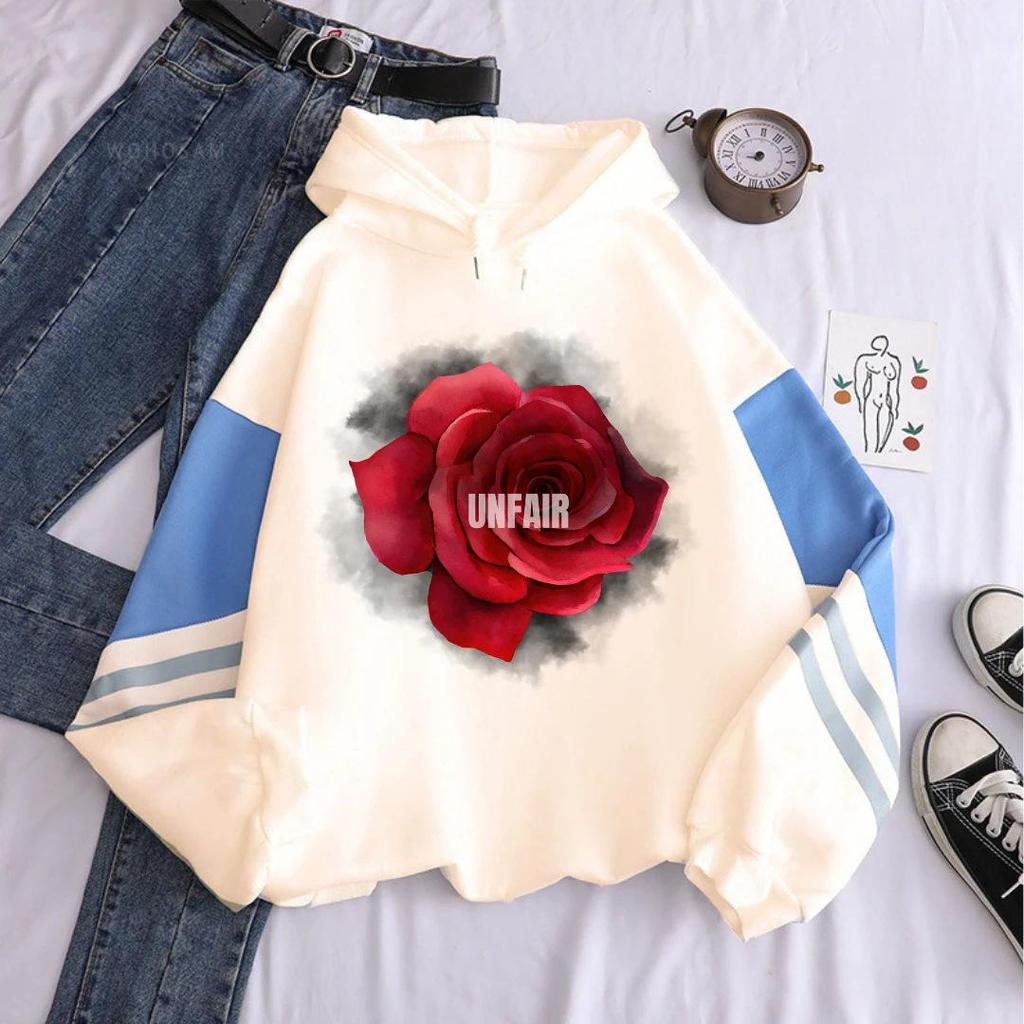 2024 Harajuku Style Rose Print Colorblock Hoodie for Women - Autumn/Winter Long Sleeve Sweatshirt
