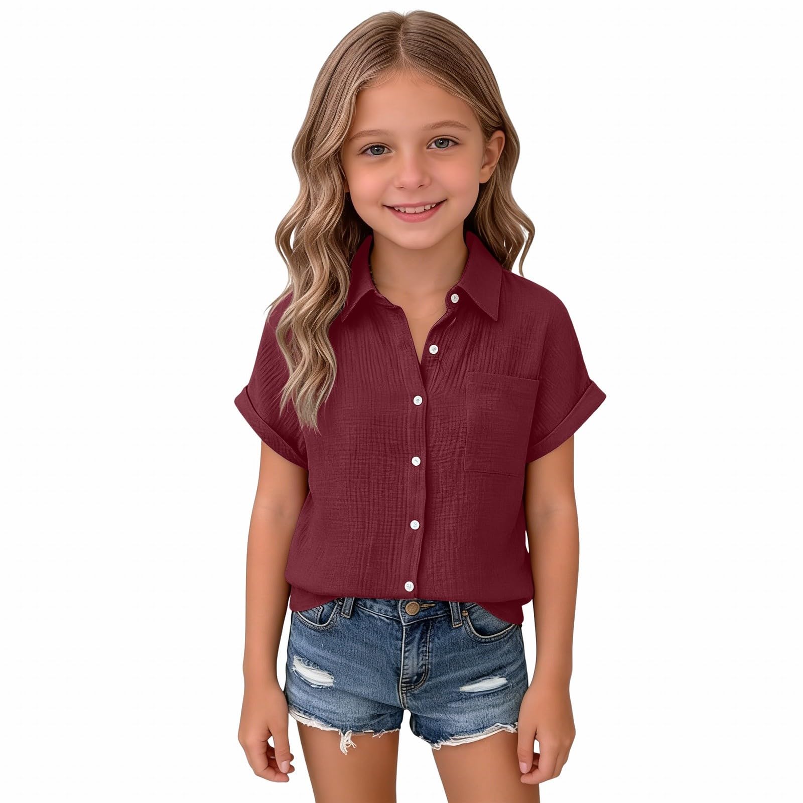 Girls  Linen V-Neck Short-Sleeve Shirt Summer Lightweight Beach Top 150 винный