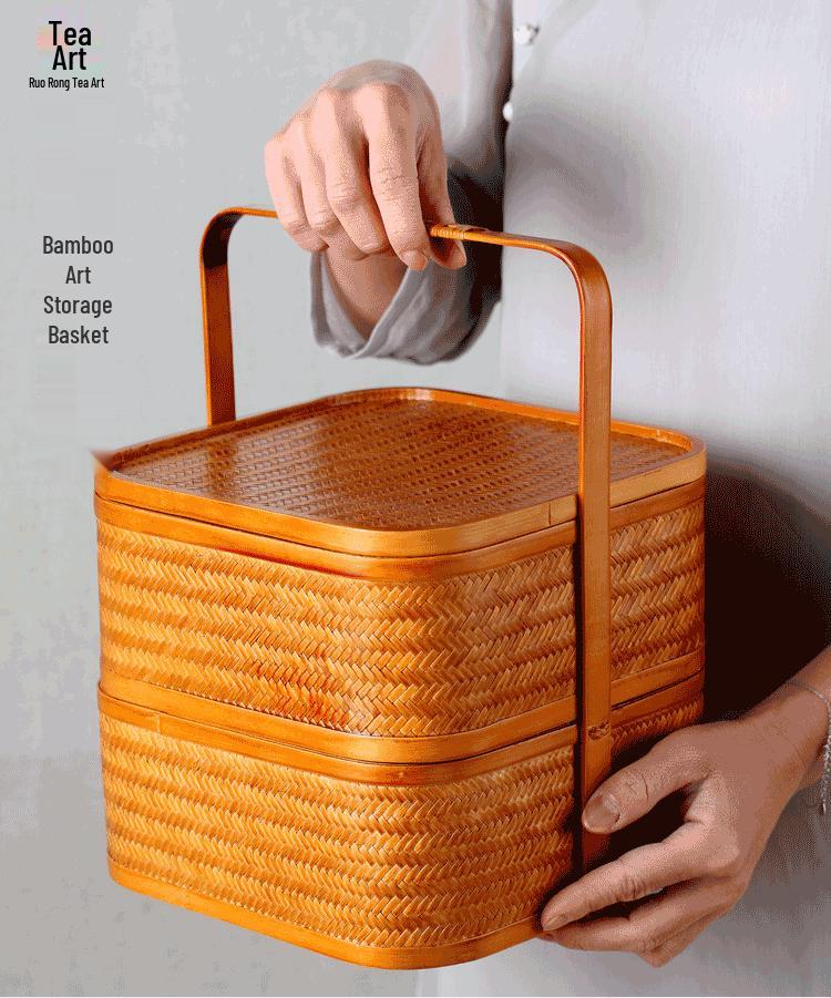 Retro Bamboo Woven Basket for Tea Set Storage | Bamboo Handle Food Container | Chinese Gongfu Tea Storage Box