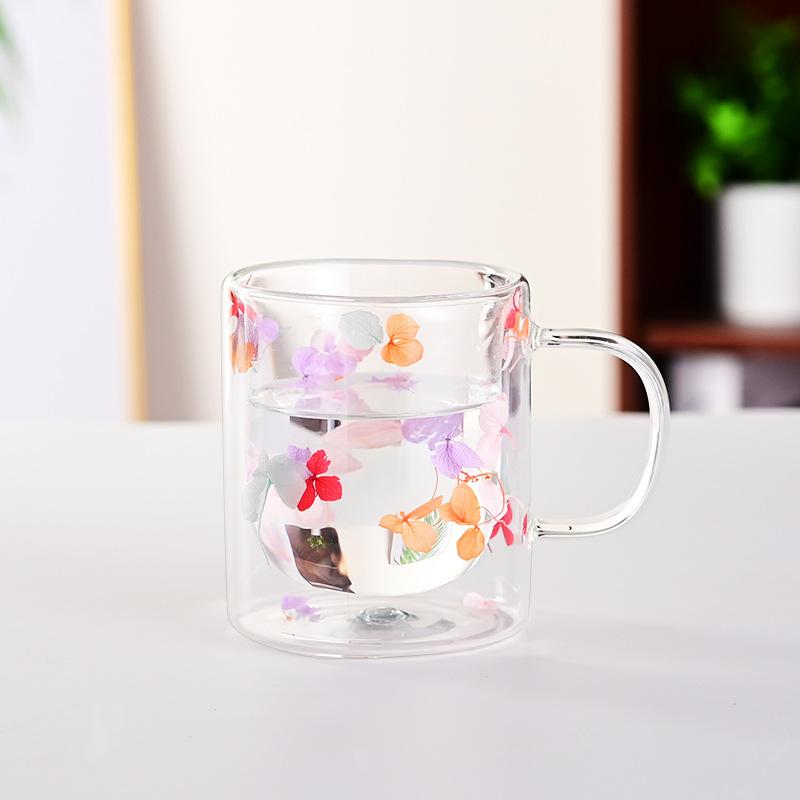 Export Double Cup Real Flower Dried Flower High Borosilicate Glass High Value Milk Cup Juice Cup Coffee Cup