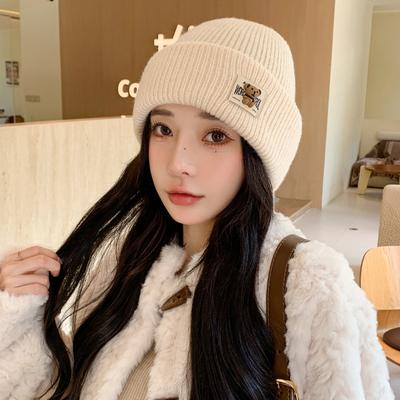 Neue Mütze Damen Niedlicher Bär Gestrickte Wollmütze Einfarbige Vielseitige Winter Thermomütze Trend