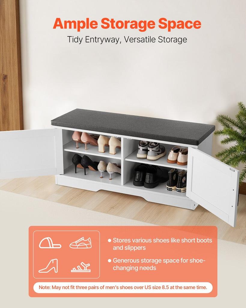 Shoe Storage Bench, 1000 x 355 x 460 mm Shoe Organizer with Padded Seat Cushion, Entryway Bench with 2 Barn Doors and Height Adjustable Shelf, for