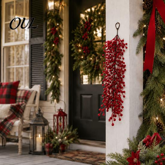 Wedding Background Floral Decor Artificial Red Berry Swag Branch, Christmas Rustic Style Wall Holiday Door Decoration Hangings, Seasonal Waterfall