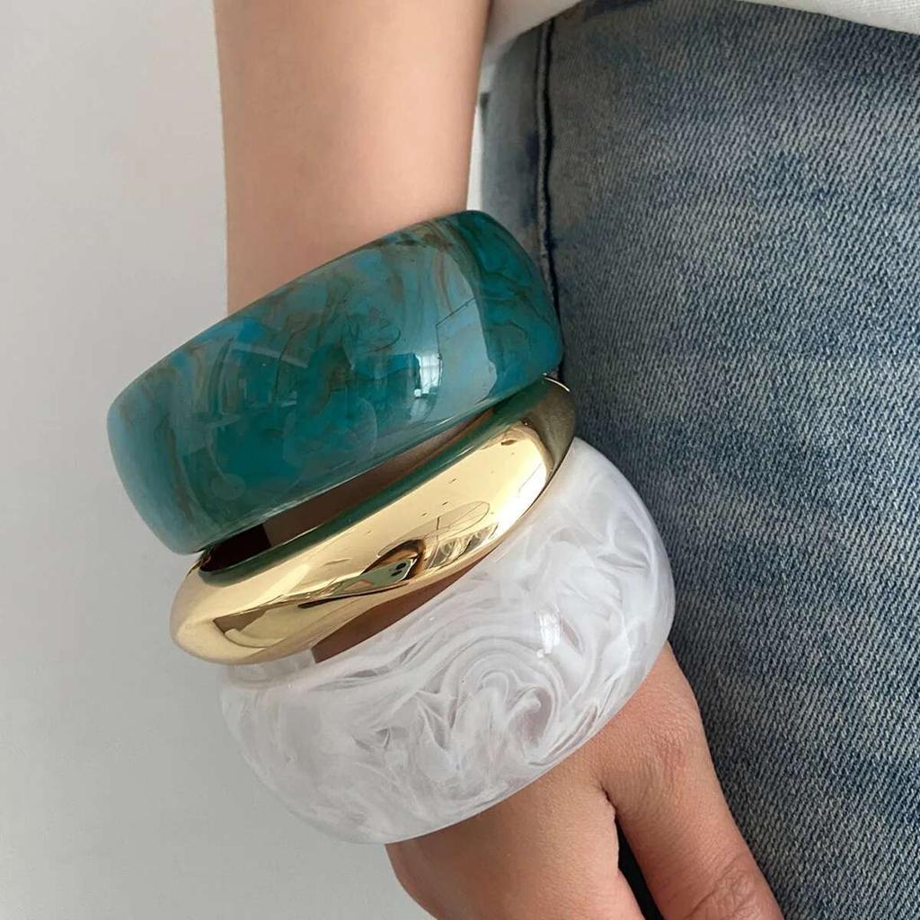 IngeSight.Z Vintage Exaggerated Resin Wide Bangles Women Fashion Hip Hop Geometric Heavy Metal Bracelet Wrist Jewelry Men Gifts