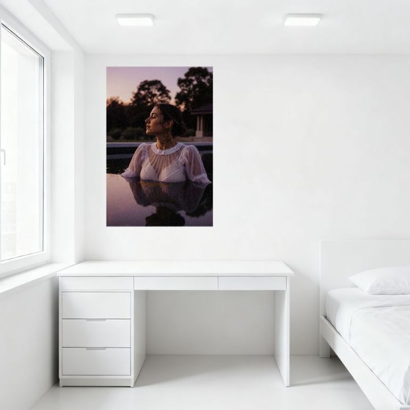 Serene Woman In Reflective Pool At Dusk Sheer White Blouse Henna Design Sexy Tin Sign Vintage Metal Wall Decor for Home Bedroom
