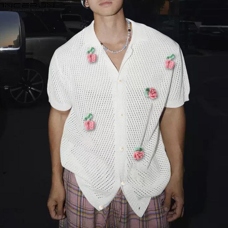 

INCERUN Men s Summer Short Sleeve Buttons 3D Flowers Hollow Out Male Shirts S чёрный