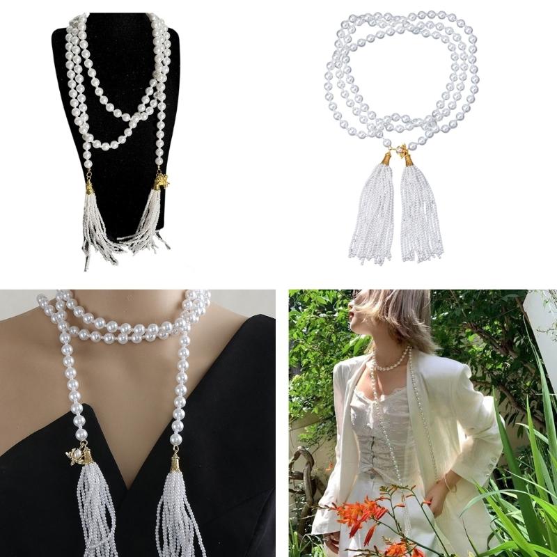 Imitation Pearls Bead Necklace Tassels Choker Elegant Fringes Neckchain Fashion Accessory for Sweaters and Waist