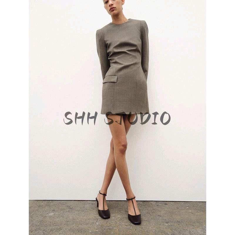 Spring New Women clothes European and American Leisure round Neck Long sleeve Fleece Blended Belt Shoulder Pad Dress 2323261