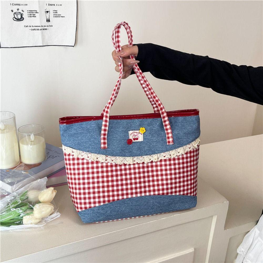 Lattice Lace Bow Shoulder Bag Rural Style Commuting Tote Bag Retro Denim Plaid Handbag Students