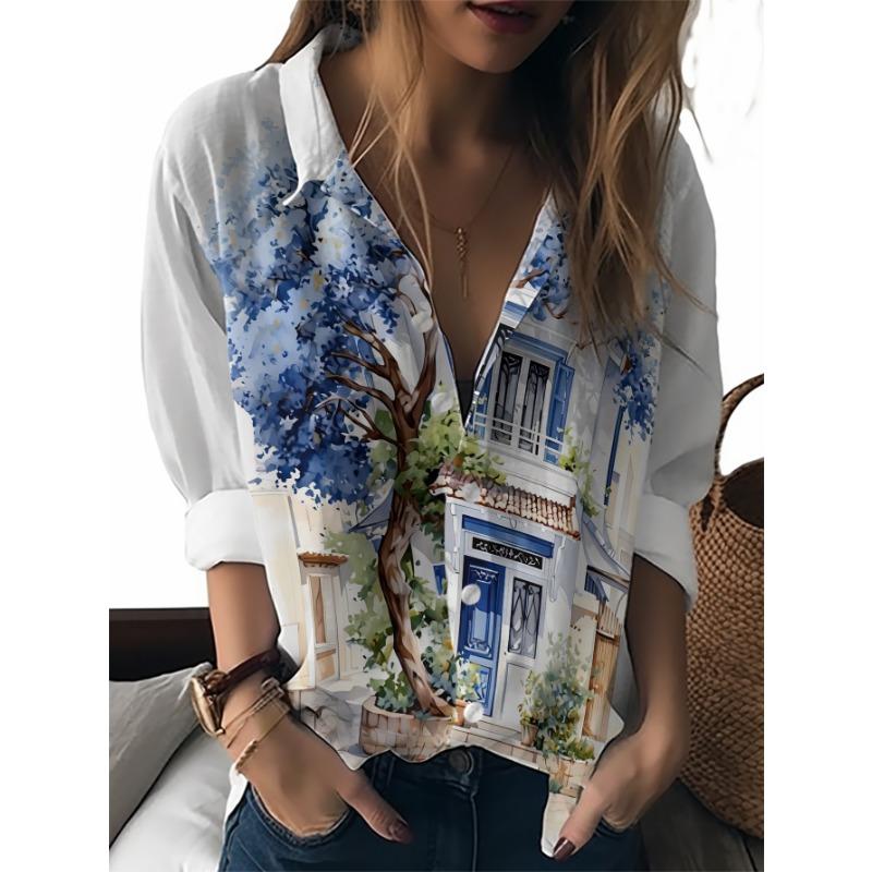 Women's Blouse Shirt Abstract Oil Painting Print Long Sleeve Casual Top