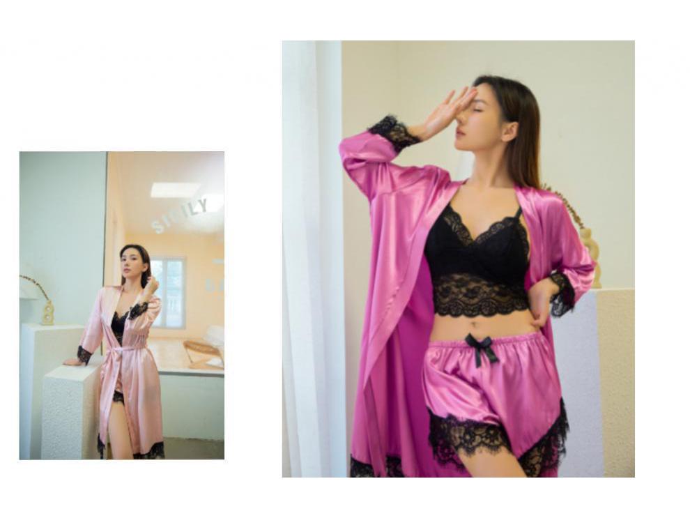 European & American Lace Satin Women's 4-Piece Pajama Set - Sexy, Seductive Nightgown & Robe