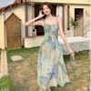 French Fashion Dress Women's Summer Atmosphere Drape Thin Suspender Skirt Design Printed Chiffon Skirt