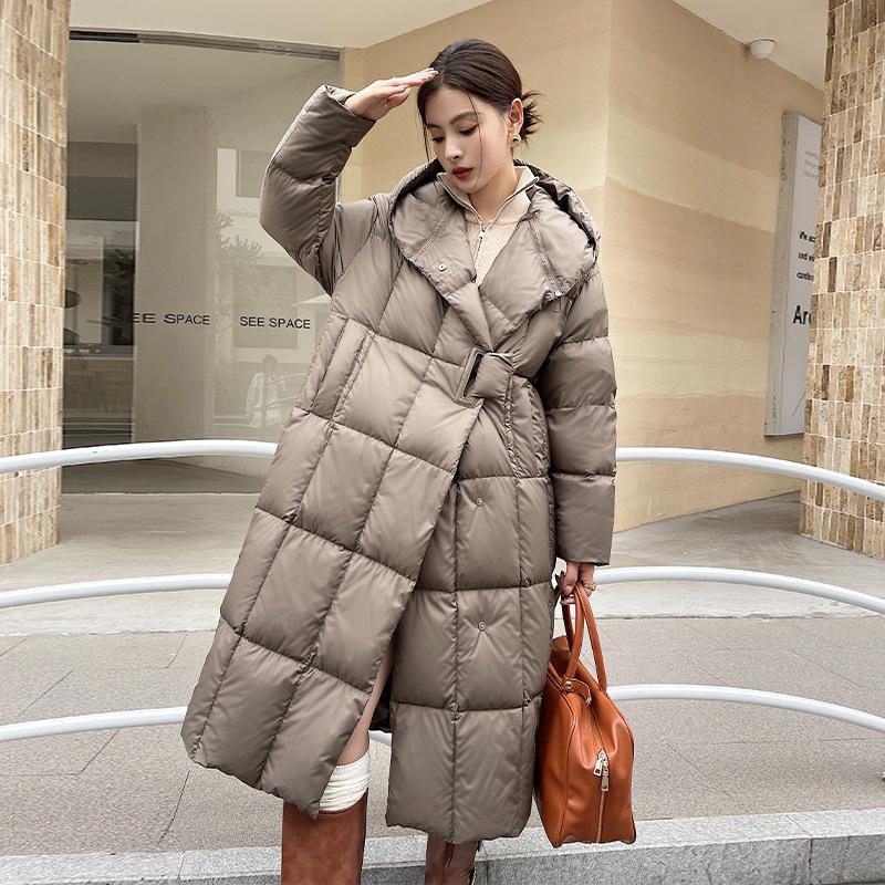 Suction buckle design long hooded white duck down jacket women's 2024 thickened winter warm jacket
