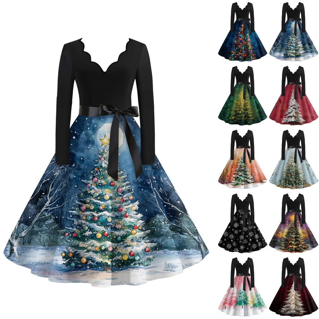 Women's Casual Fashion V Neck Long Sleeve Christmas Printed Party Vintage Long Dresses