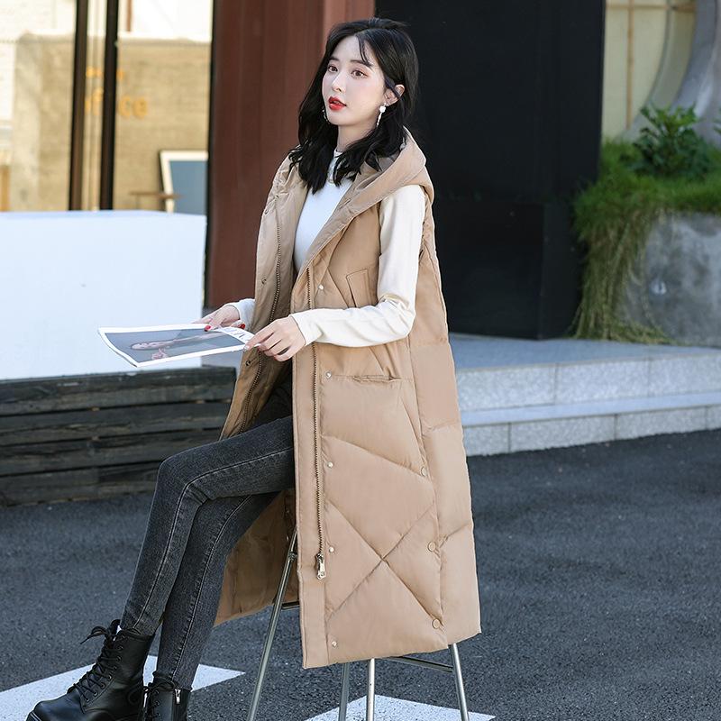 

Длинный пуховый хлопковый жилет выше колена женский с капюшоном повседневный жилет верхняя одежда свободный жилет теплый жилет куртка XXL хаки