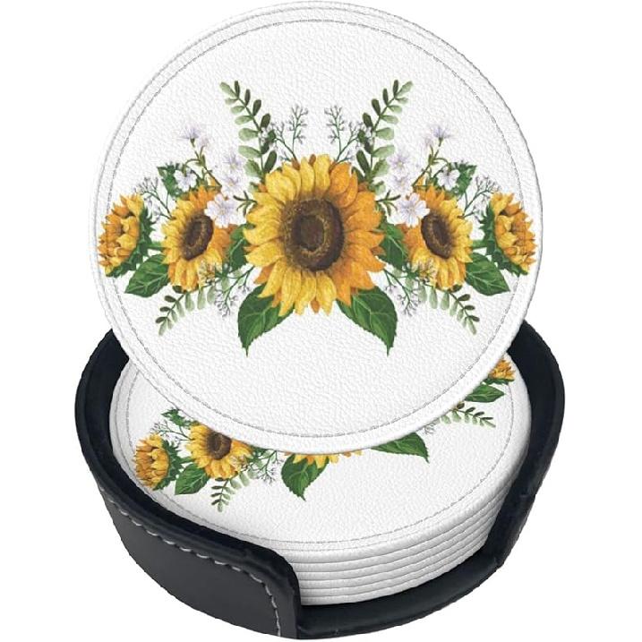 6 Pcs Cat Dog Paw Prints Heart Leather Coasters for Drinks with Holder Coaster Sets Drink Table Cup Coasters for Living Room Kitchen Coffee Decor 6 PCS