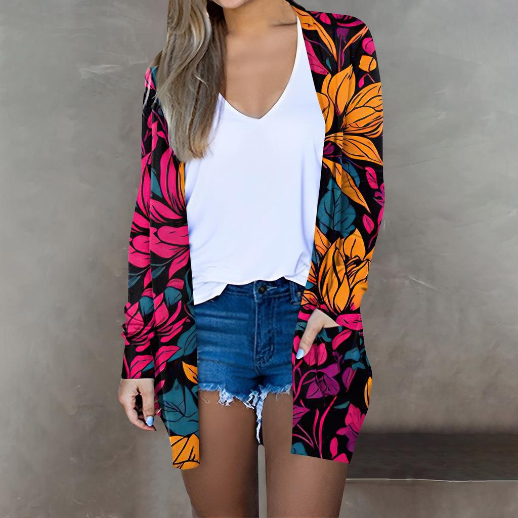 Women's Fashion Casual Floral Print Long Sleeve Midi Cardigan Jacket Tops