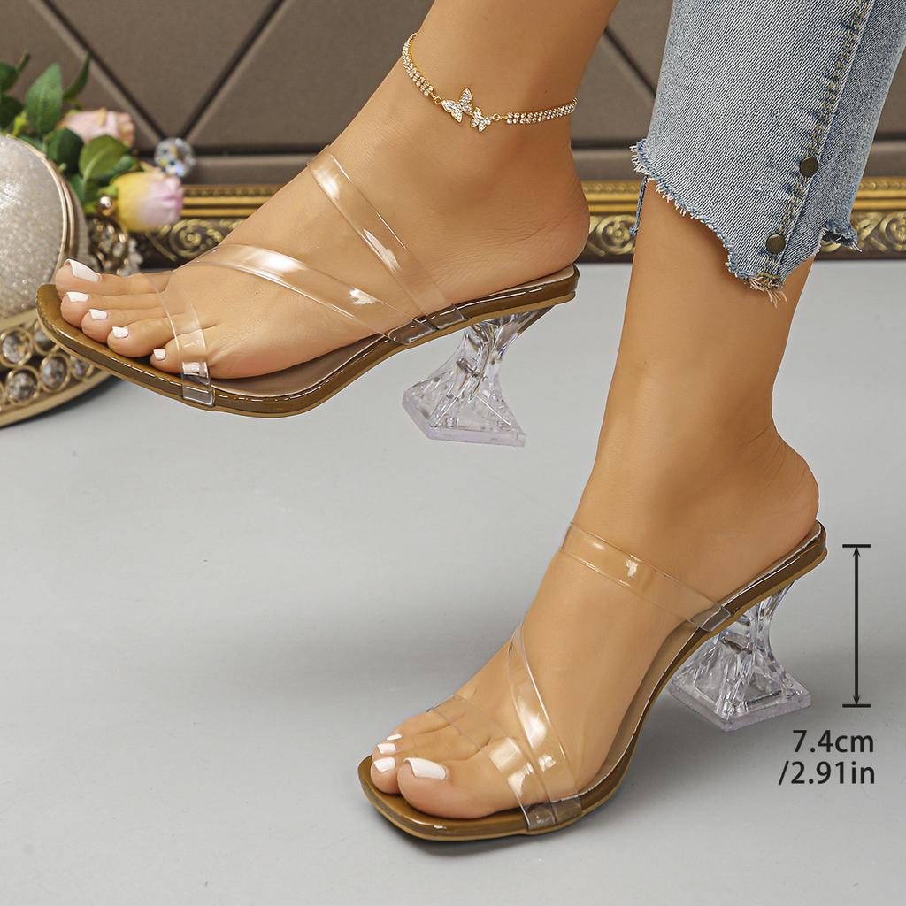 Women Heel Slippers Summer New Fashion Square Toe Open Toe Pumps Sandals Fashion Versatile Transparent Strap Chunky High Heels