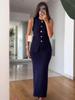 Women's White Sleeveless Blouse with Gold Buttons and Mermaid Skirt Suit Set