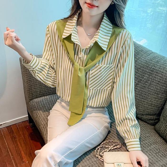 

Модная и удобная осенняя рубашка для женщин с имитацией двух частей и полосатым узором XXL зелёный