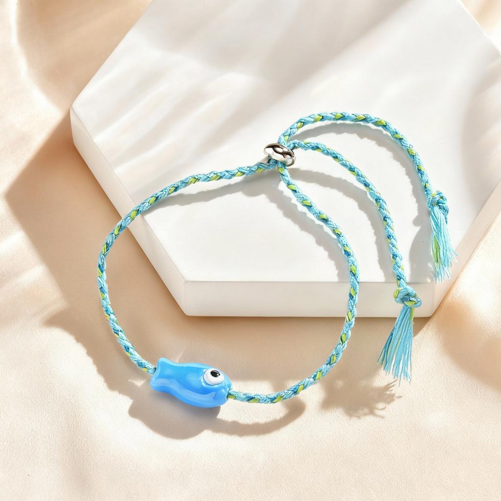 Vnox Trendy Multicolored Ocean-themed Ceramic Fish Woven Bracelet Boho Charm Rope Wristband Friendship Summer Beach Jewelry
