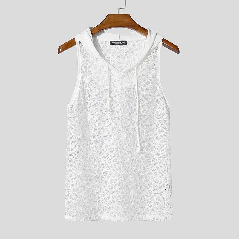 

INCERUN Summer Men Sleeveless Lace Crochet Mesh Sheer Hooded Tank Tops 3XL