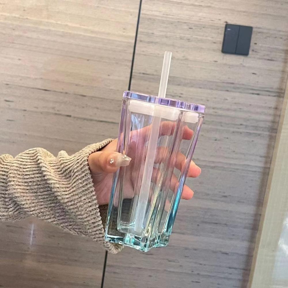 300ML Skleněný kelímek s brčkem ve tvaru pěticípé hvězdy ins Vysoká krása Gradientní hvězdný kelímek s víčkem Domácí Nové Síťové červené Kelímky na pití