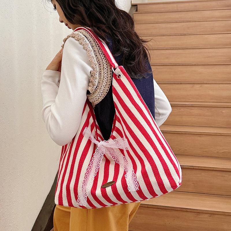 New Summer Striped Double Sided Shoulder Bag for Women with Bow Canvas Bag Casual Large Capacity Simple Letter Tote Bag
