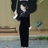 Elegant Black Velvet Chinese Dress Long Sleeve Stand Collar Winter Womens Vintage Modern Qipao