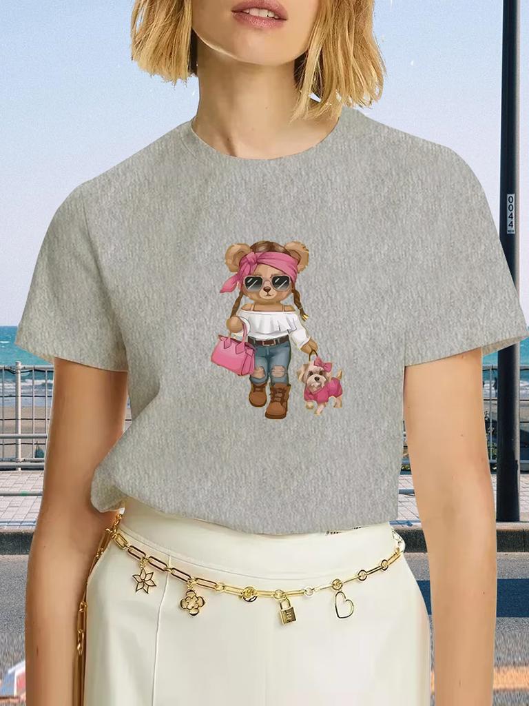 2025 Summer New T Shirt Women Fashion Bear Print Short Sleeve Tops Casual Pullover Street Y2k Fashion Tshirt Female Tees