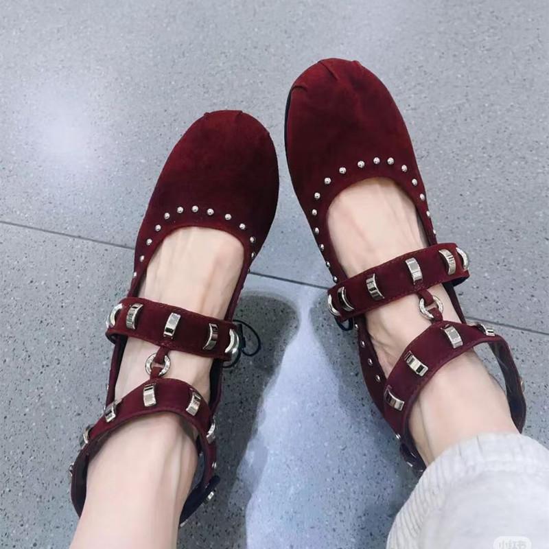 Metal Decor Faux Suede Mary Janes Women Ballet Flats Spring Summer Rivet Ankle Strap Dance Walking Loafers Girls Shoes