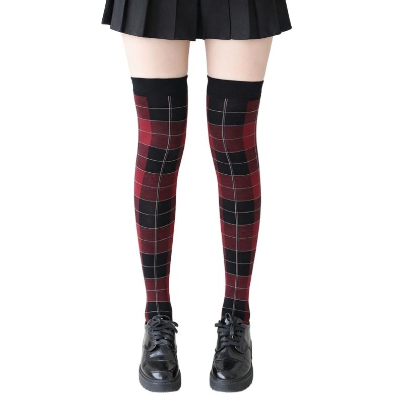 Thigh High Stockings Thigh High Socks with Plaids Print Over the Knee Socks Nylon Stockings Halloween Cosplay Costume