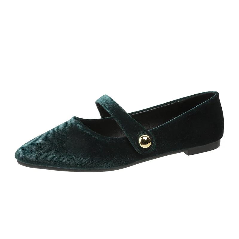 Fashion Elegant Velvet Ballet Flats Woman Luxury Velour Mary Jane Shoes Ladies Pointed Toe Buckle Strap Loafers In Purple Green