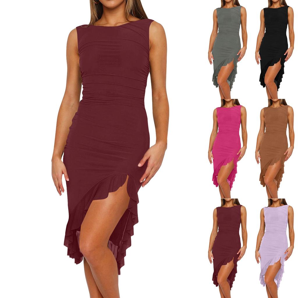 Kvinners ermeløs kjole med rund hals, moteriktig, sexy, tettsittende, ryggløs plissert midilengde skjørt