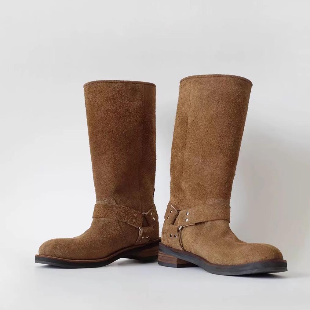 Cowhide version~ retro fashionable thick-soled western cowboy boots women's genuine leather round head turned fur tall Martin knight boots