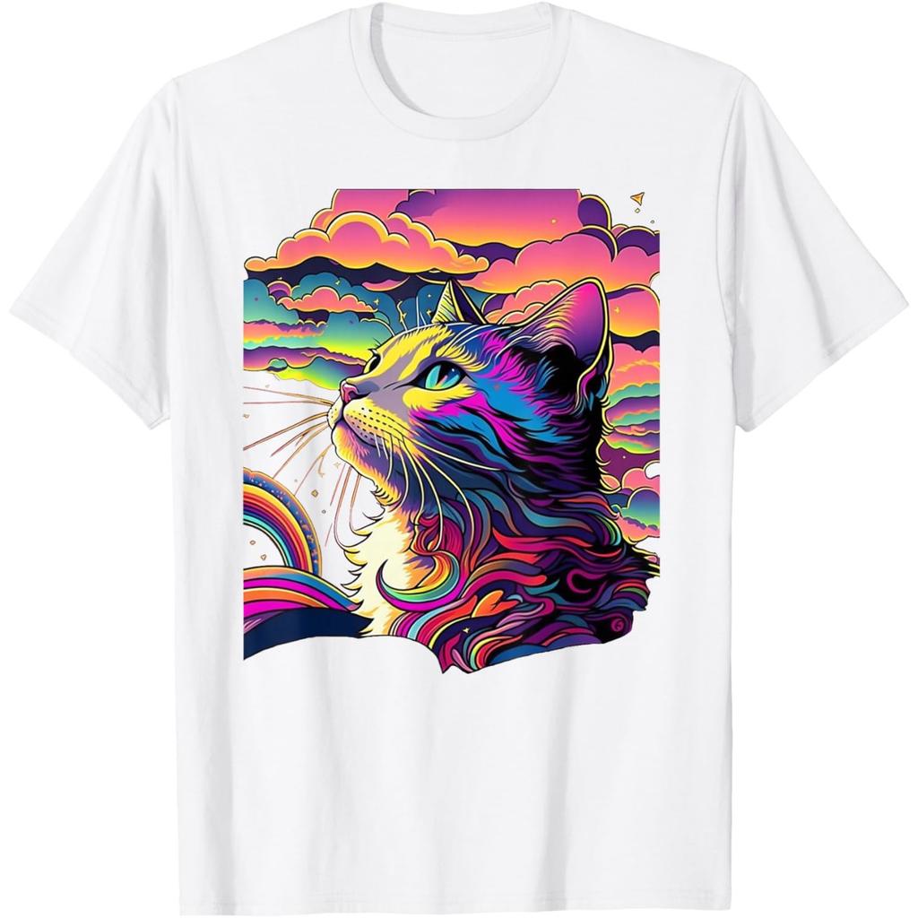Psychedelic Rainbow Cat Art Graphic Tee Abstract Feline Print Round Neck T-Shirt for Men