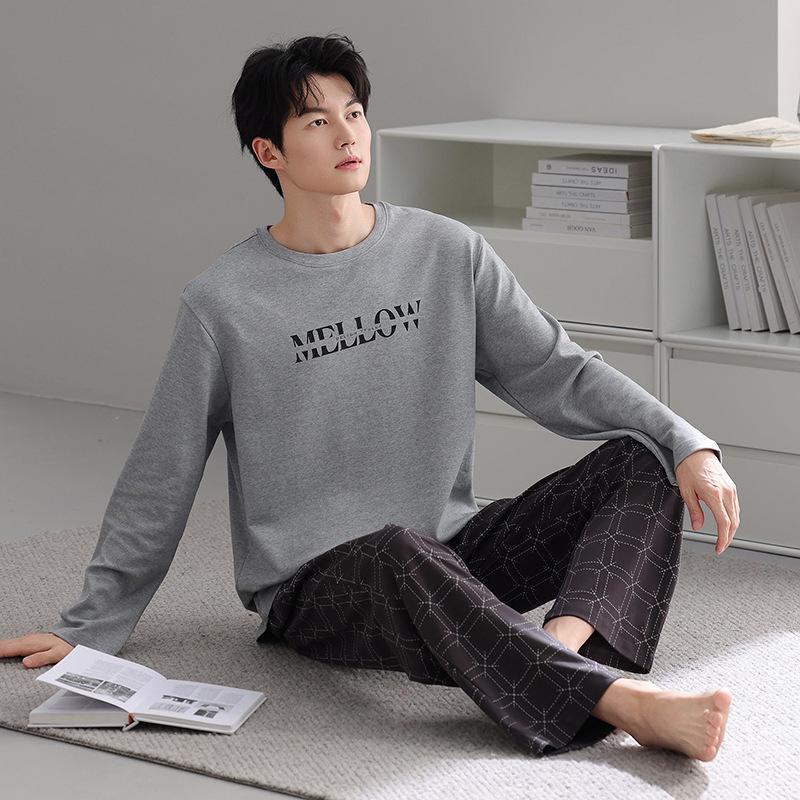 Spring And Autumn Pajamas Men'S Pure Cotton Long-Sleeved Pullover Can Be Worn Outside Autumn And Winter Men'S Casual Loose Plus Size Loungewear