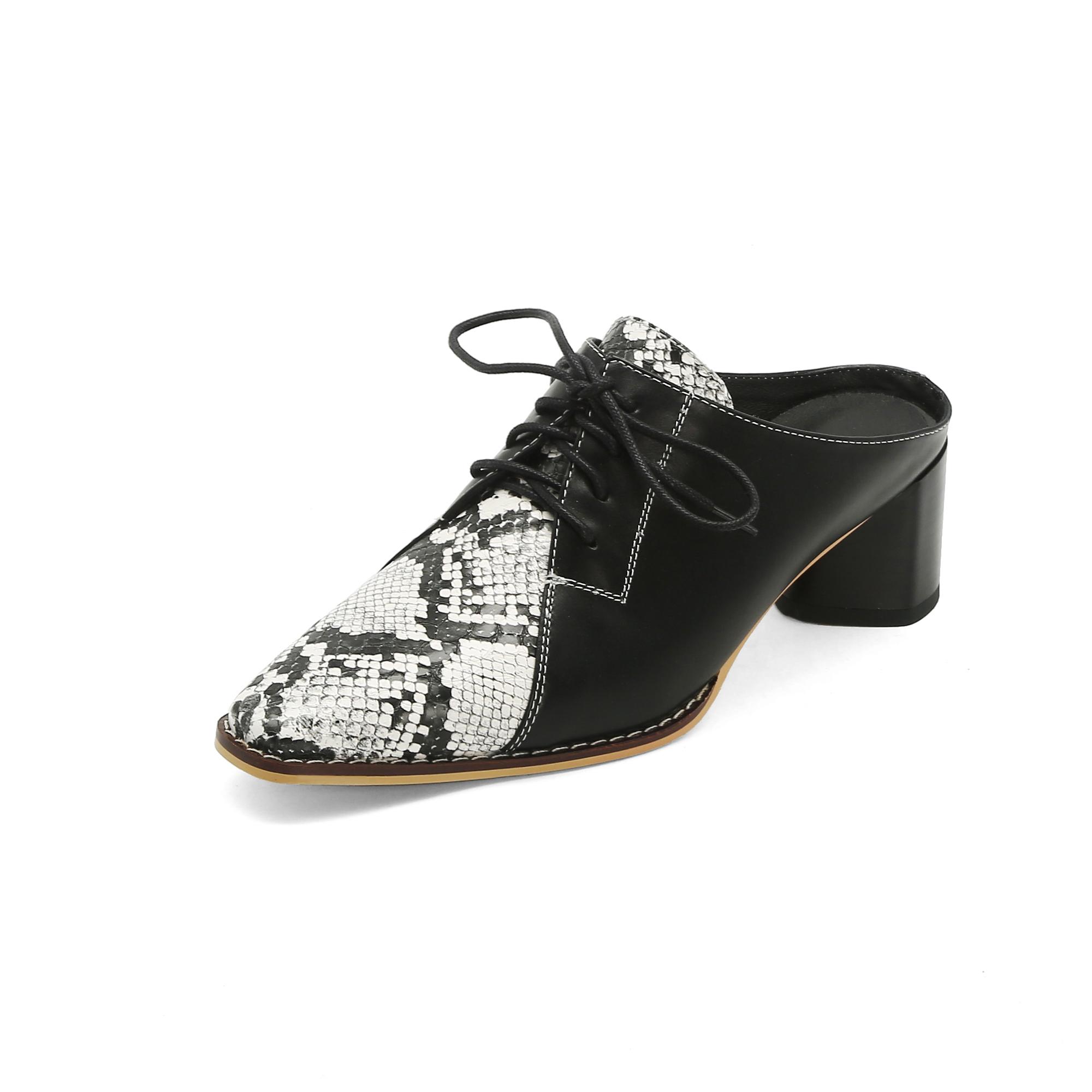 

Fashion 2025 Lace-up Muller Shoes Women Pumps Spring Summer Mature Retro PU Leather Fashion Chain Pointed Toe Thick Heels Shoes Woman 34 чёрный