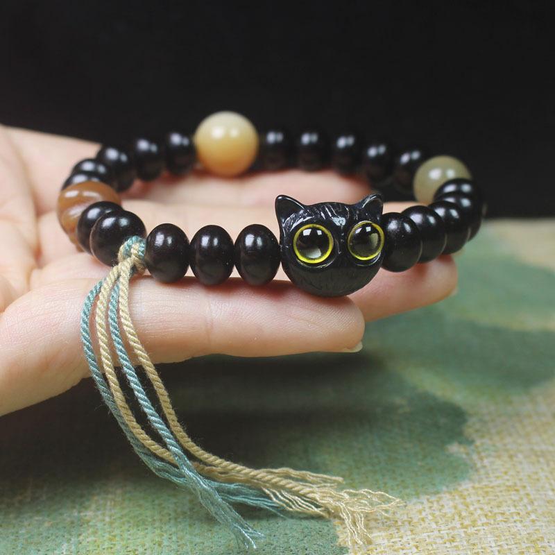 Black Ebony Abacus Beads 7*9 Bracelet Cat Head & Paw Charm Women’s Literary Wooden Jewelry