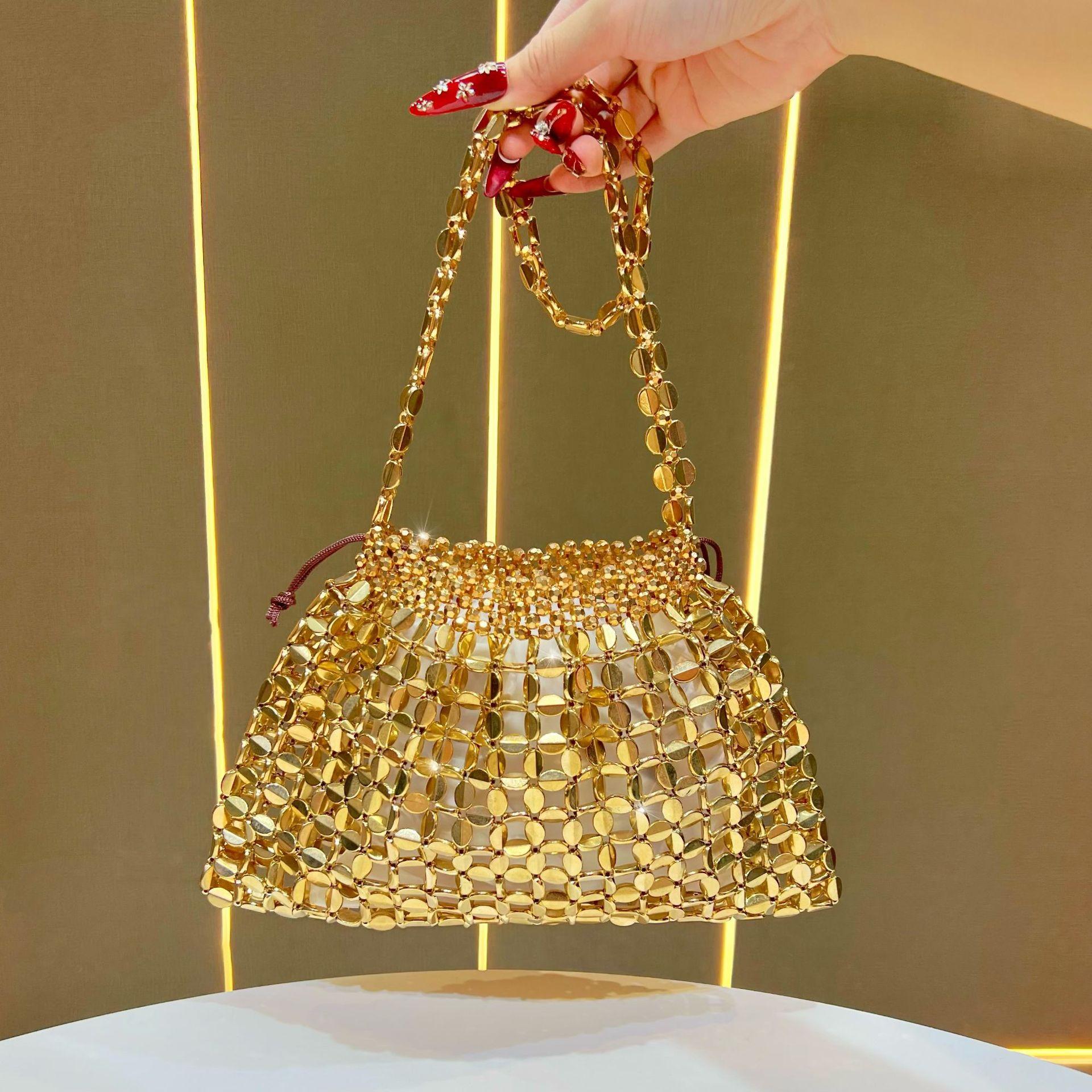 

Сумка через плечо на одно плечо, Банкетная женская сумка, Плетеная ажурная сумка, Простая и нишевая сумочка золотой