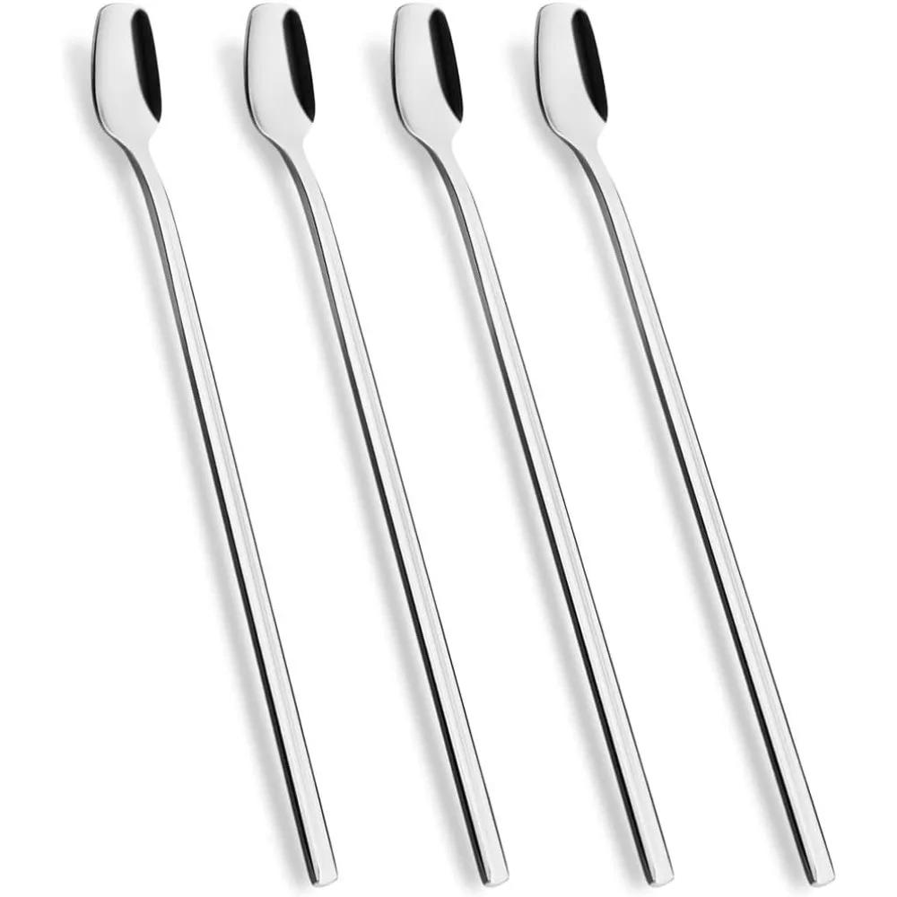 4pcs Stainless Steel Long Handle Square Ice Cream Coffee Dessert Tea Mixing Spoon for Home and Party Kitchen Tools