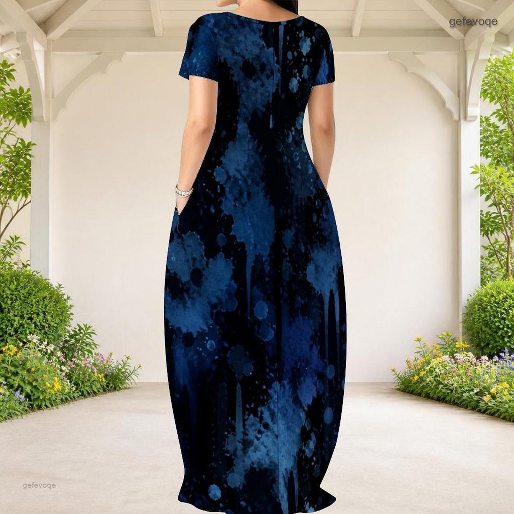 Women Plus Size Round Neck Short Sleeve Green Yellow Printed Loose Maxi Dress With Pockets