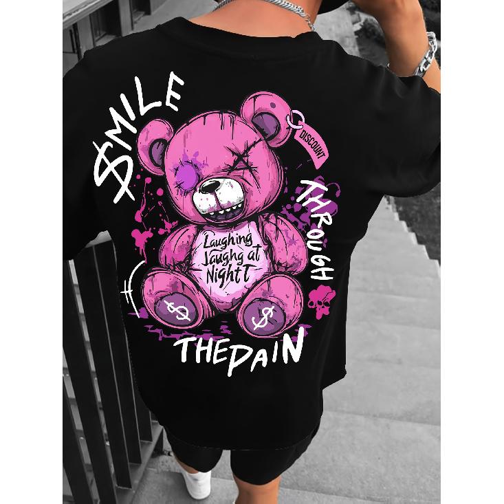 Men'S Streetwear Graphic T-Shirt - Pink Cartoon Bear Print with "Smile" & "Laughing at Night" Design, Loose Fit Round Neck Summer Tee, Machine