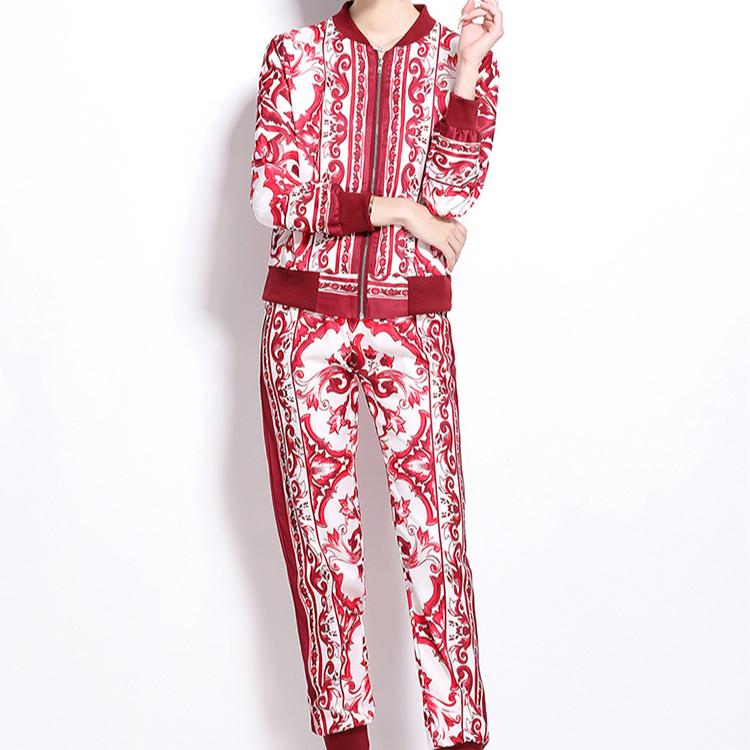 Spring Autumn Fashion Designer Print Runway 2 Piece Set Women Zipper Jacket Coat And Elastic Waist Pocket Pencil Pant Suit