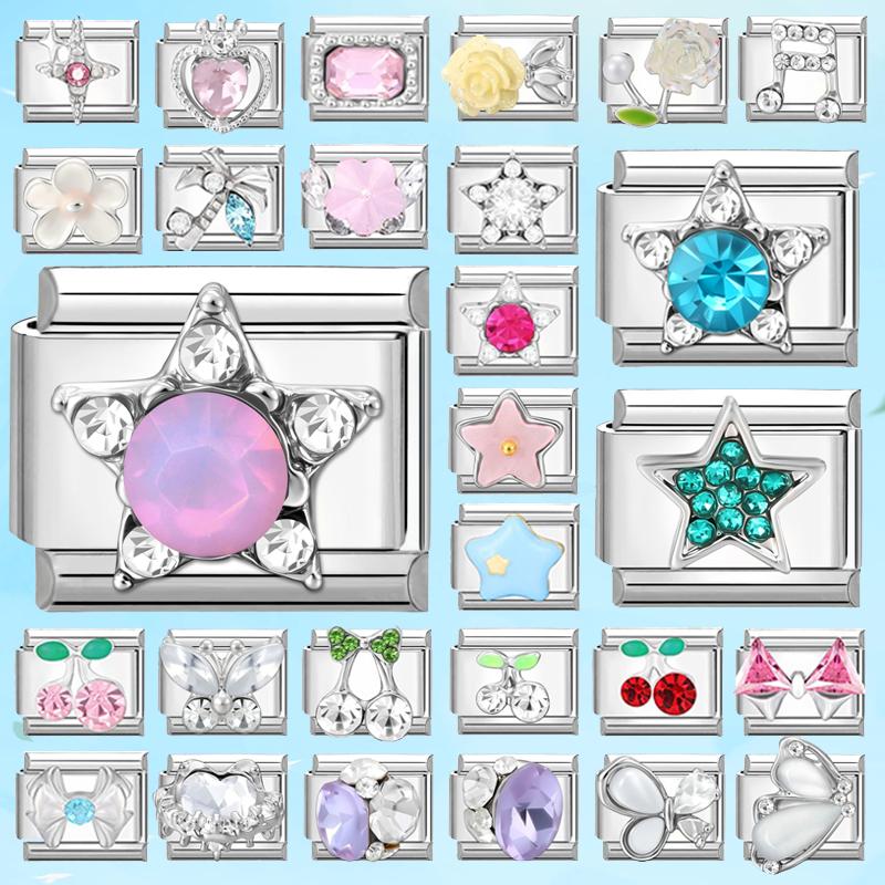 Fashion Shiny Stars Zircon Flowers Cherry Charm Italian Links Fit 9mm Stainless Steel Bracelet Making DIY Jewelry Gifts